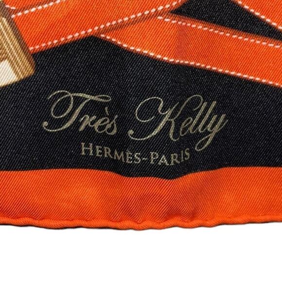 Hermès Silk Scarf Très Kelly Handbag Turnlock Motif Black Orange 70cm 26” - Picture 5 of 13